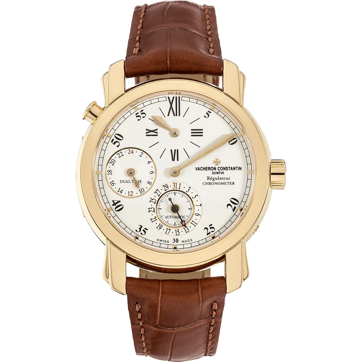 Vacheron Constantin Malte 42005000J-8901 Dual Time Regulator Front view of a Vacheron Constantin Malte Dual Time Regulator watch in yellow gold with a brown leather strap.