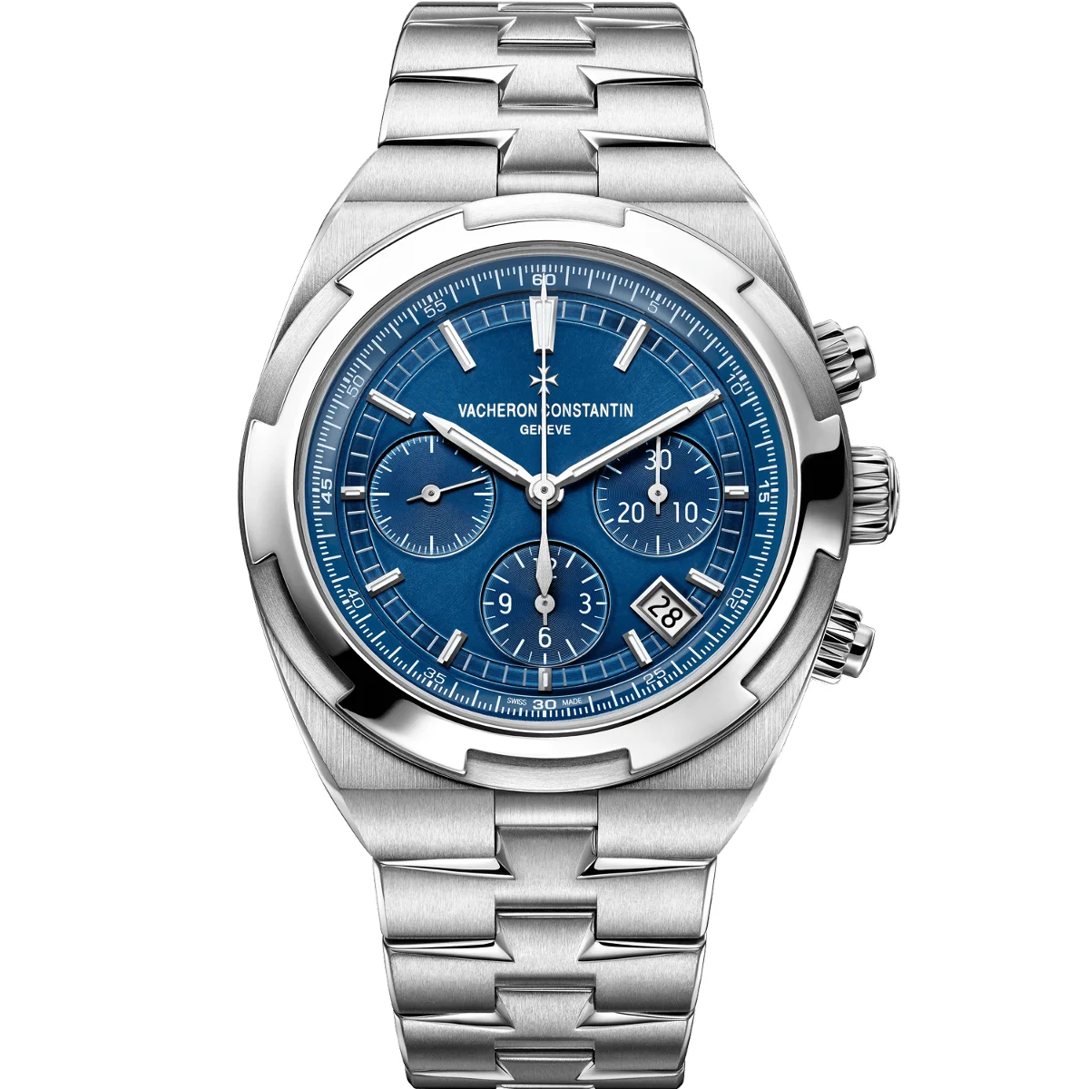 Vacheron Constantin Overseas Chronograph 42.5Mm Men’S Watchs Front view of the Vacheron Constantin Overseas Chronograph watch with a blue dial, stainless steel case, and integrated bracelet.
