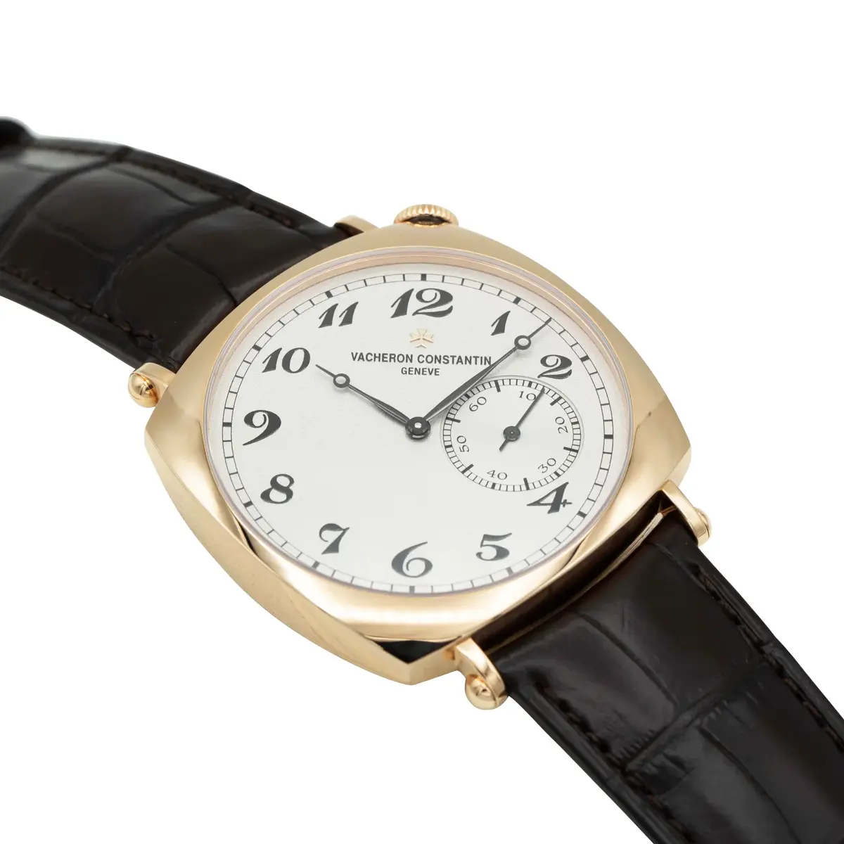 Vacheron Constantin Historiques American 1921 rose gold watch with off-center crown and diagonal display, angled view